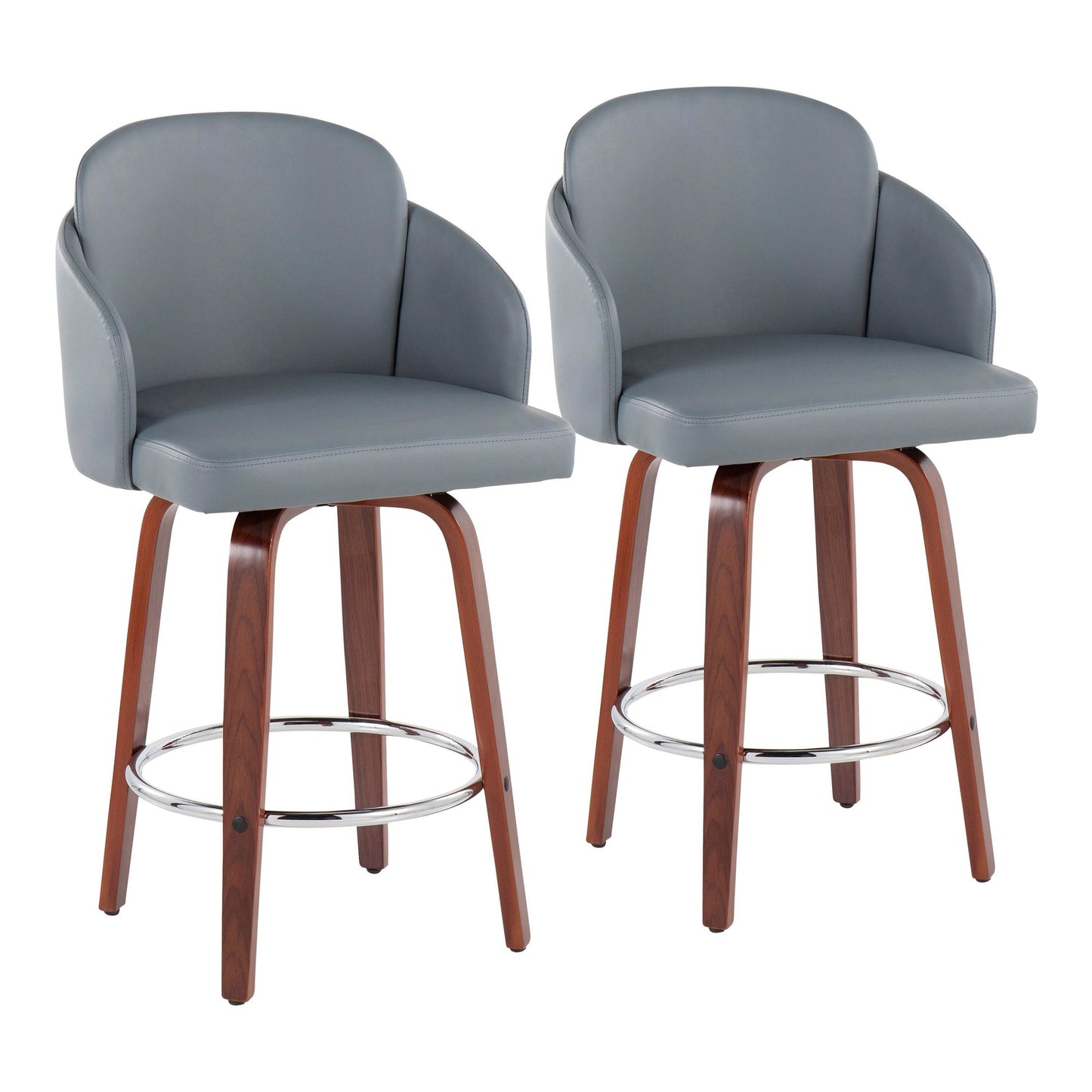 Dahlia Contemporary Counter Stool in Walnut Wood and Black Faux Leather with Round Chrome Footrest By LumiSource - Set of 2 | Counter Stools | Modishstore - 17