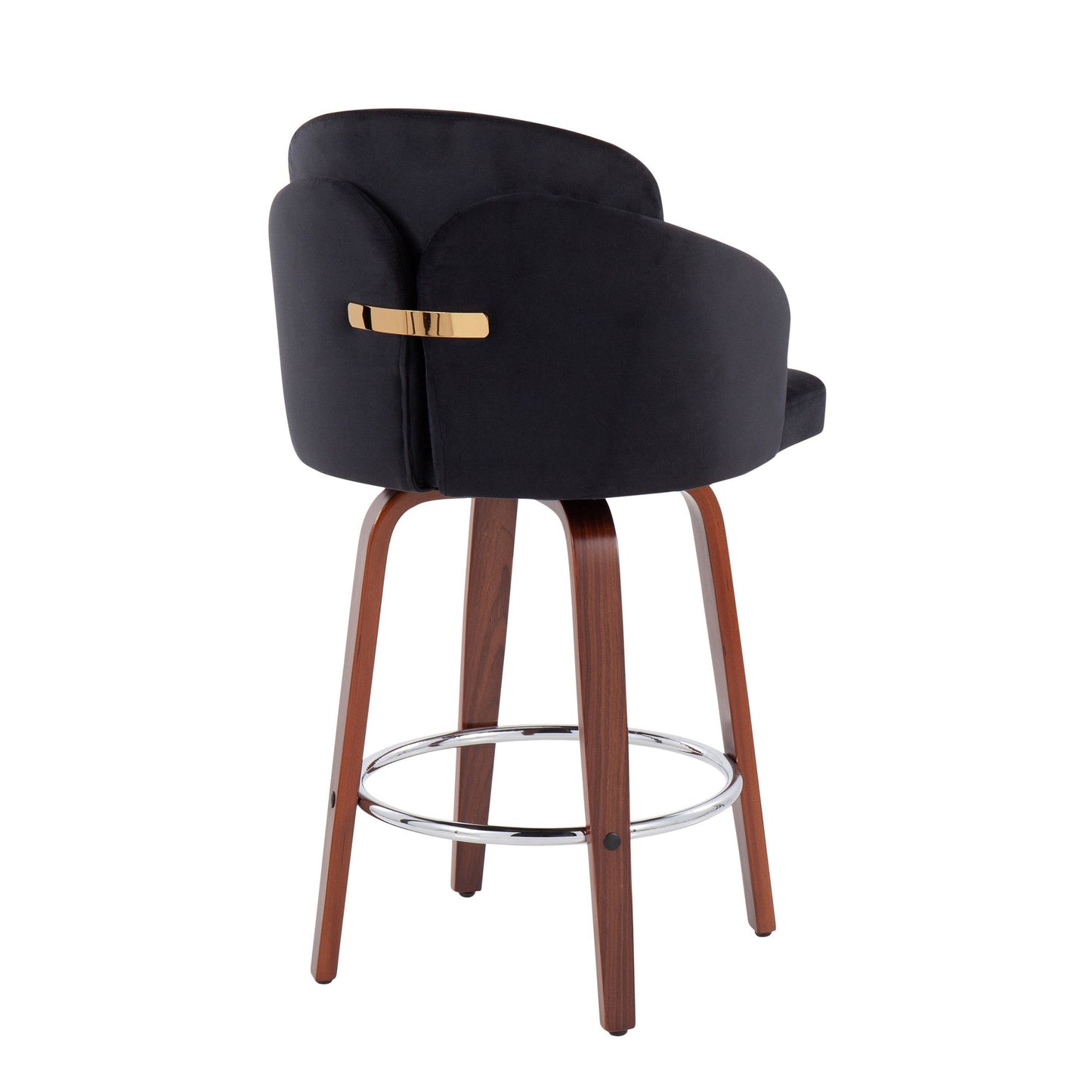 Dahlia Contemporary Counter Stool in Walnut Wood and Black Velvet with Gold Metal Accent and Round Chrome Footrest By LumiSource - Set of 2 | Counter Stools | Modishstore - 7