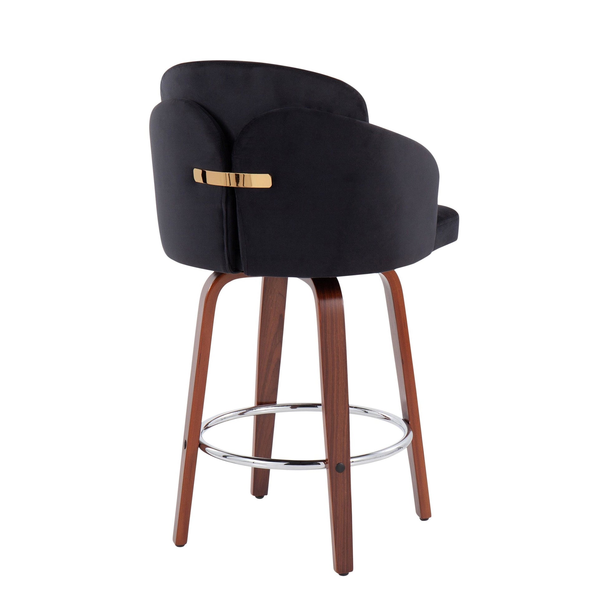 Dahlia Contemporary Counter Stool in Walnut Wood and Black Velvet with Gold Metal Accent and Round Chrome Footrest By LumiSource - Set of 2 | Counter Stools | Modishstore - 7