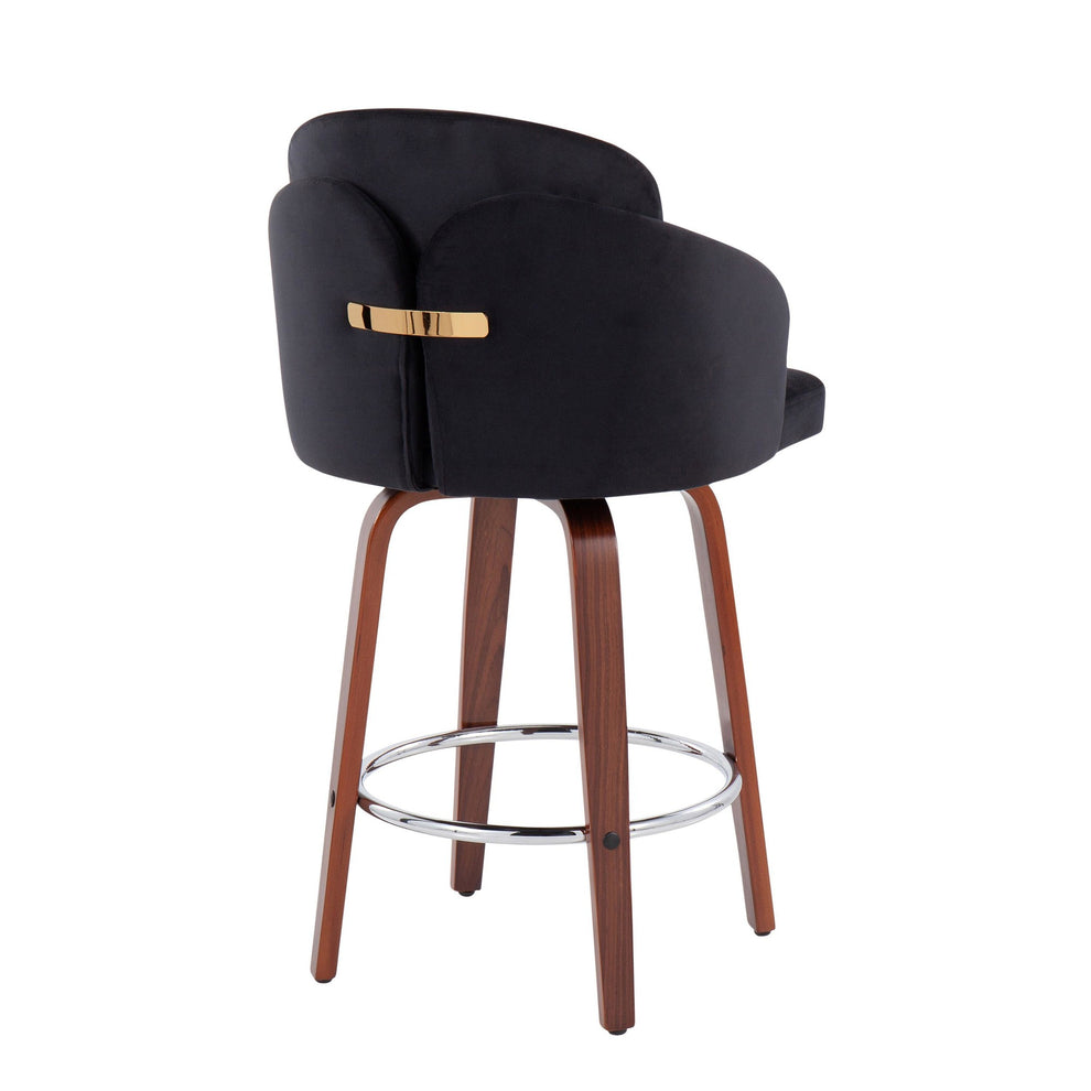 Dahlia Contemporary Counter Stool in Walnut Wood and Black Velvet with Gold Metal Accent and Round Chrome Footrest By LumiSource - Set of 2 | Counter Stools | Modishstore - 7