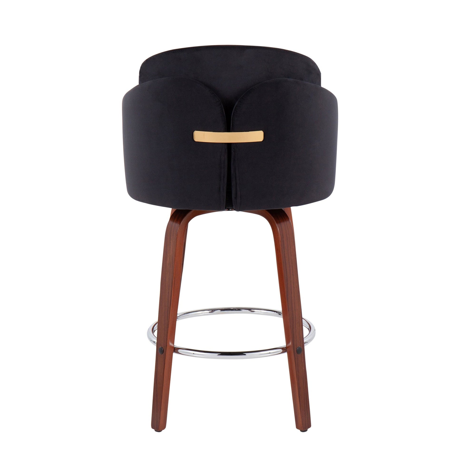 Dahlia Contemporary Counter Stool in Walnut Wood and Black Velvet with Gold Metal Accent and Round Chrome Footrest By LumiSource - Set of 2 | Counter Stools | Modishstore - 8