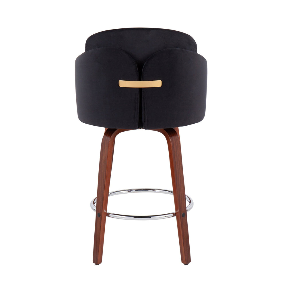 Dahlia Contemporary Counter Stool in Walnut Wood and Black Velvet with Gold Metal Accent and Round Chrome Footrest By LumiSource - Set of 2 | Counter Stools | Modishstore - 8