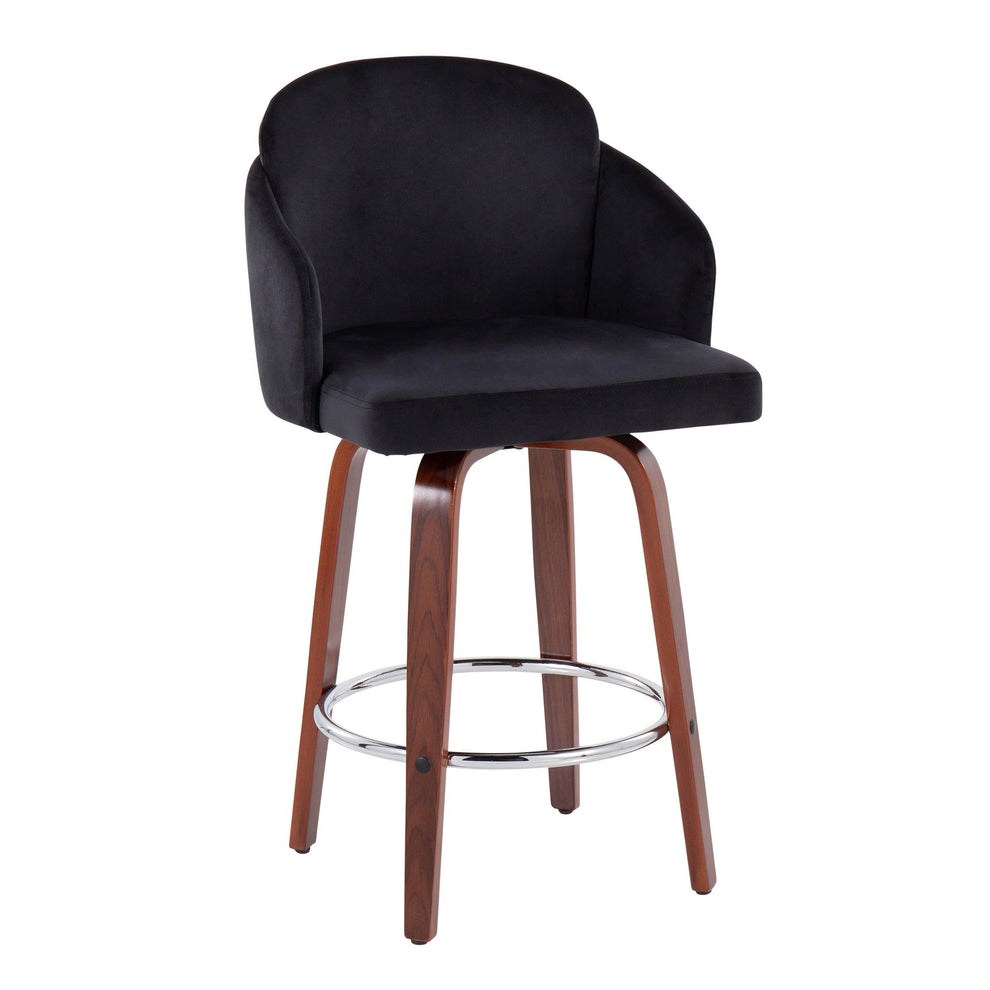 Dahlia Contemporary Counter Stool in Walnut Wood and Black Velvet with Gold Metal Accent and Round Chrome Footrest By LumiSource - Set of 2 | Counter Stools | Modishstore - 5