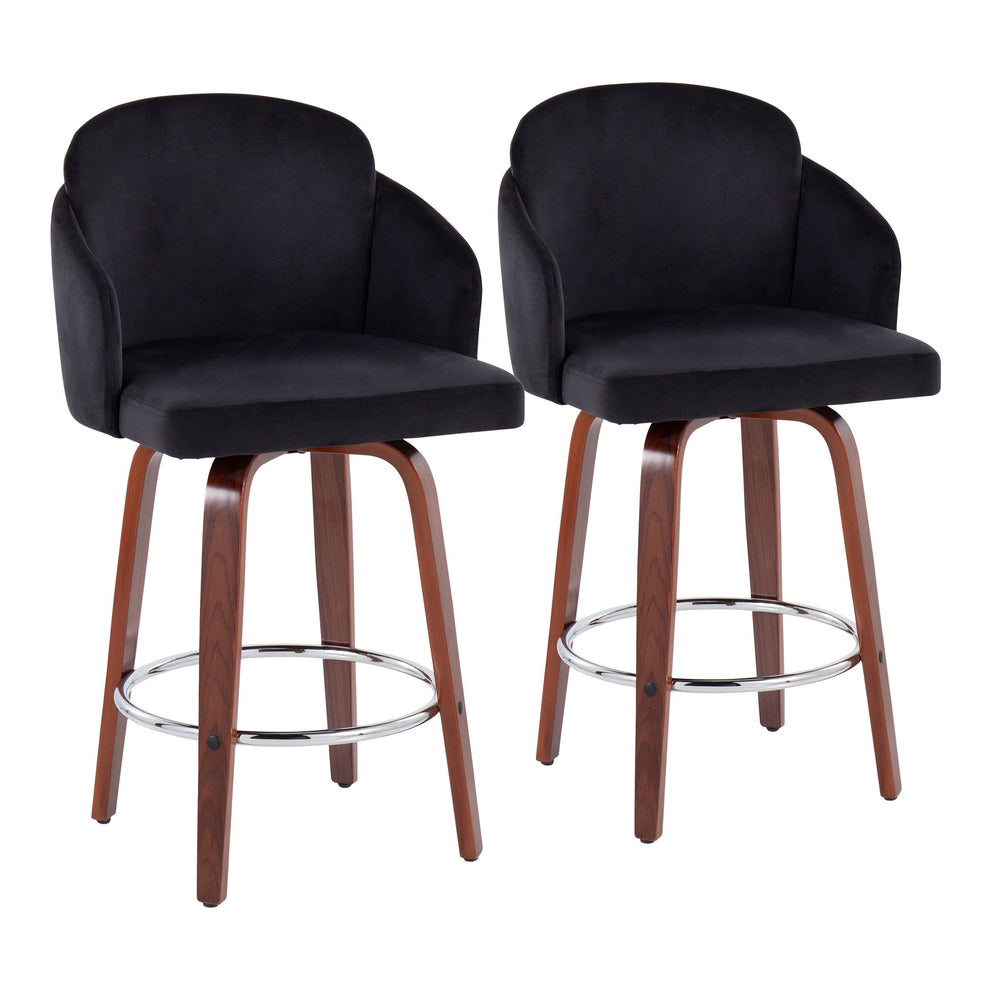 Dahlia Contemporary Counter Stool in Walnut Wood and Black Velvet with Gold Metal Accent and Round Chrome Footrest By LumiSource - Set of 2 | Counter Stools | Modishstore
