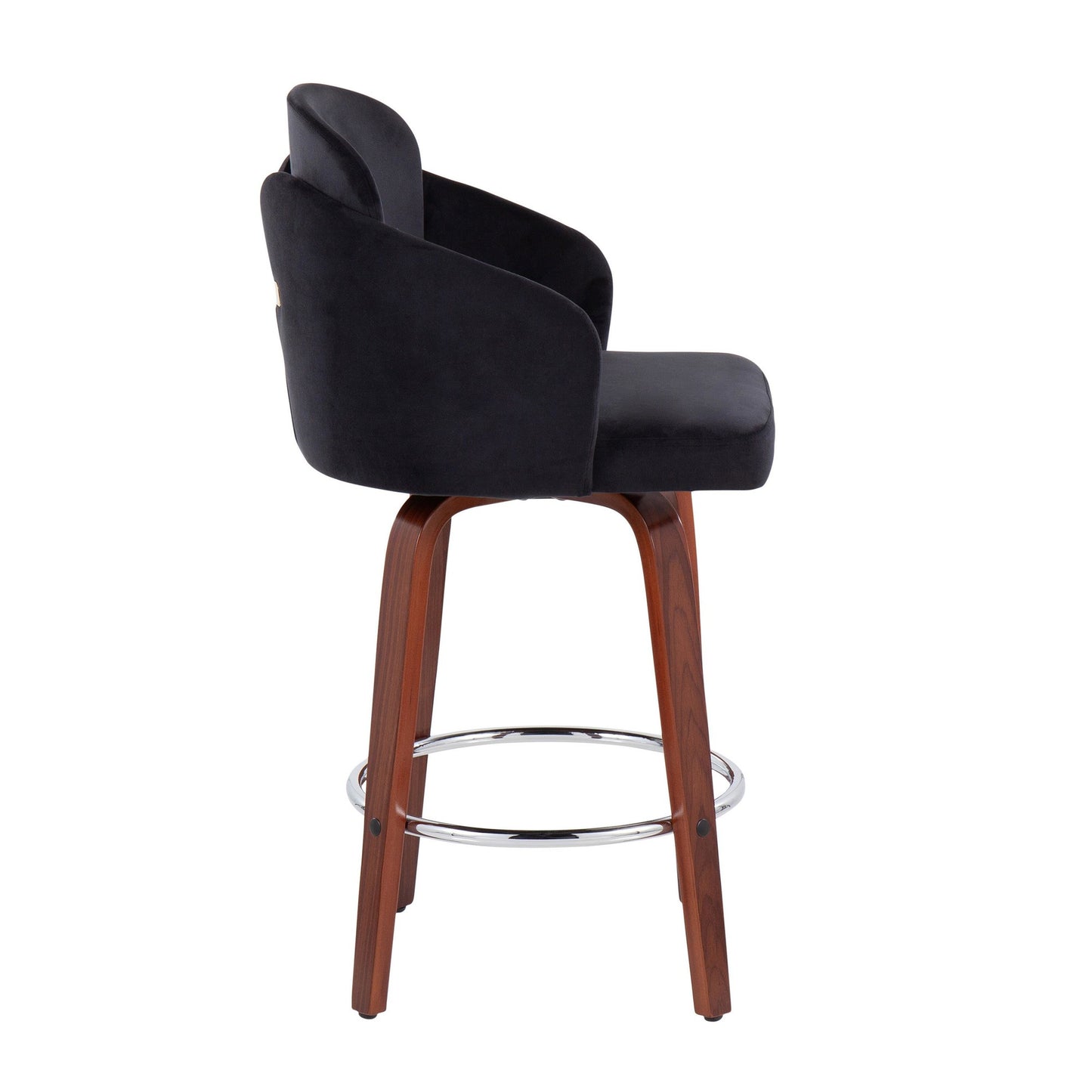 Dahlia Contemporary Counter Stool in Walnut Wood and Black Velvet with Gold Metal Accent and Round Chrome Footrest By LumiSource - Set of 2 | Counter Stools | Modishstore - 6