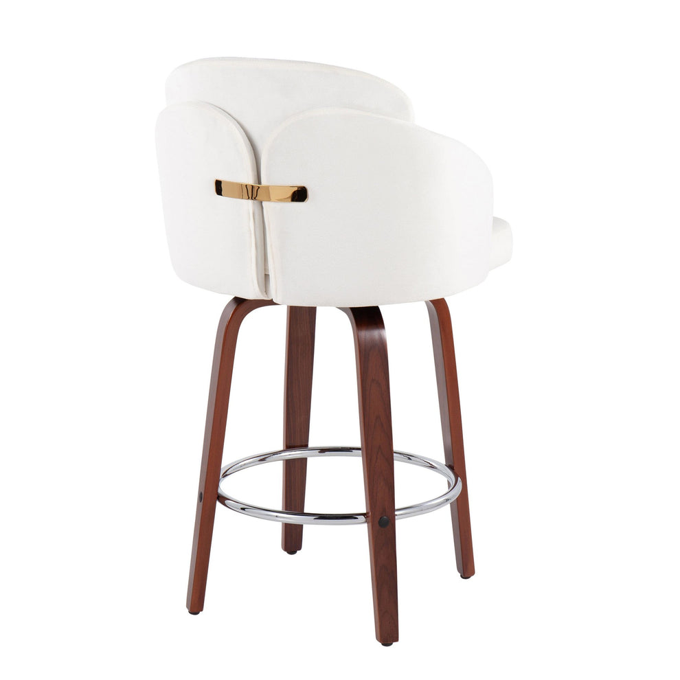 Dahlia Contemporary Counter Stool in Walnut Wood and Black Velvet with Gold Metal Accent and Round Chrome Footrest By LumiSource - Set of 2 | Counter Stools | Modishstore - 15