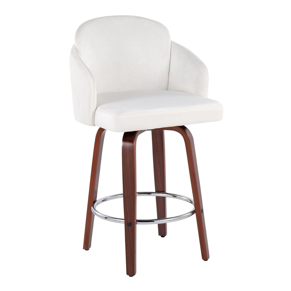Dahlia Contemporary Counter Stool in Walnut Wood and Black Velvet with Gold Metal Accent and Round Chrome Footrest By LumiSource - Set of 2 | Counter Stools | Modishstore - 13