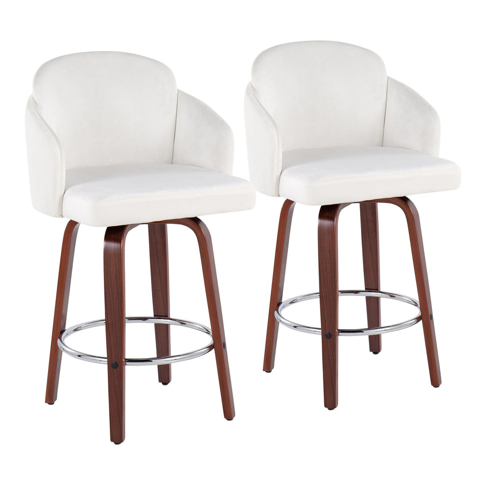 Dahlia Contemporary Counter Stool in Walnut Wood and Black Velvet with Gold Metal Accent and Round Chrome Footrest By LumiSource - Set of 2 | Counter Stools | Modishstore - 9