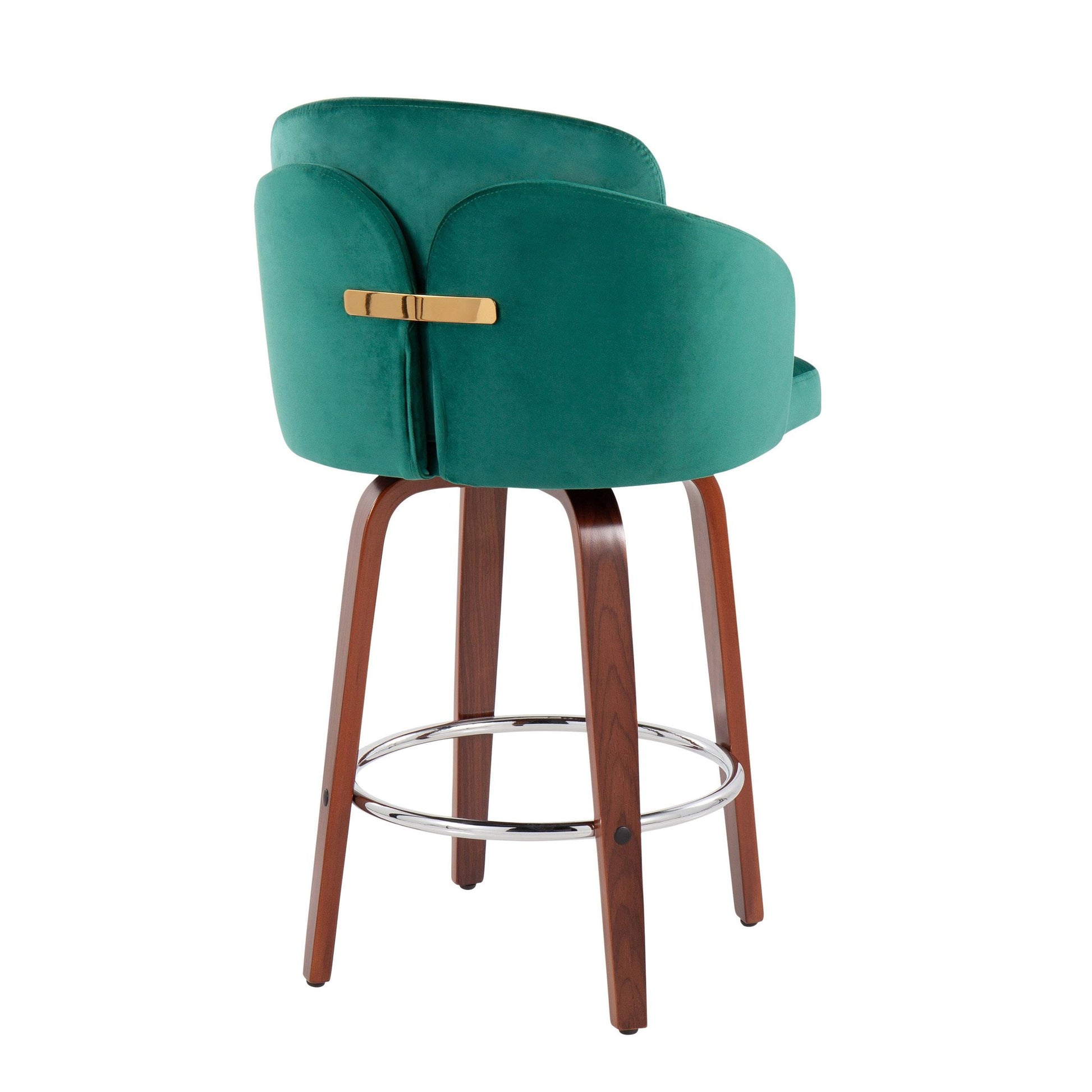 Dahlia Contemporary Counter Stool in Walnut Wood and Black Velvet with Gold Metal Accent and Round Chrome Footrest By LumiSource - Set of 2 | Counter Stools | Modishstore - 23