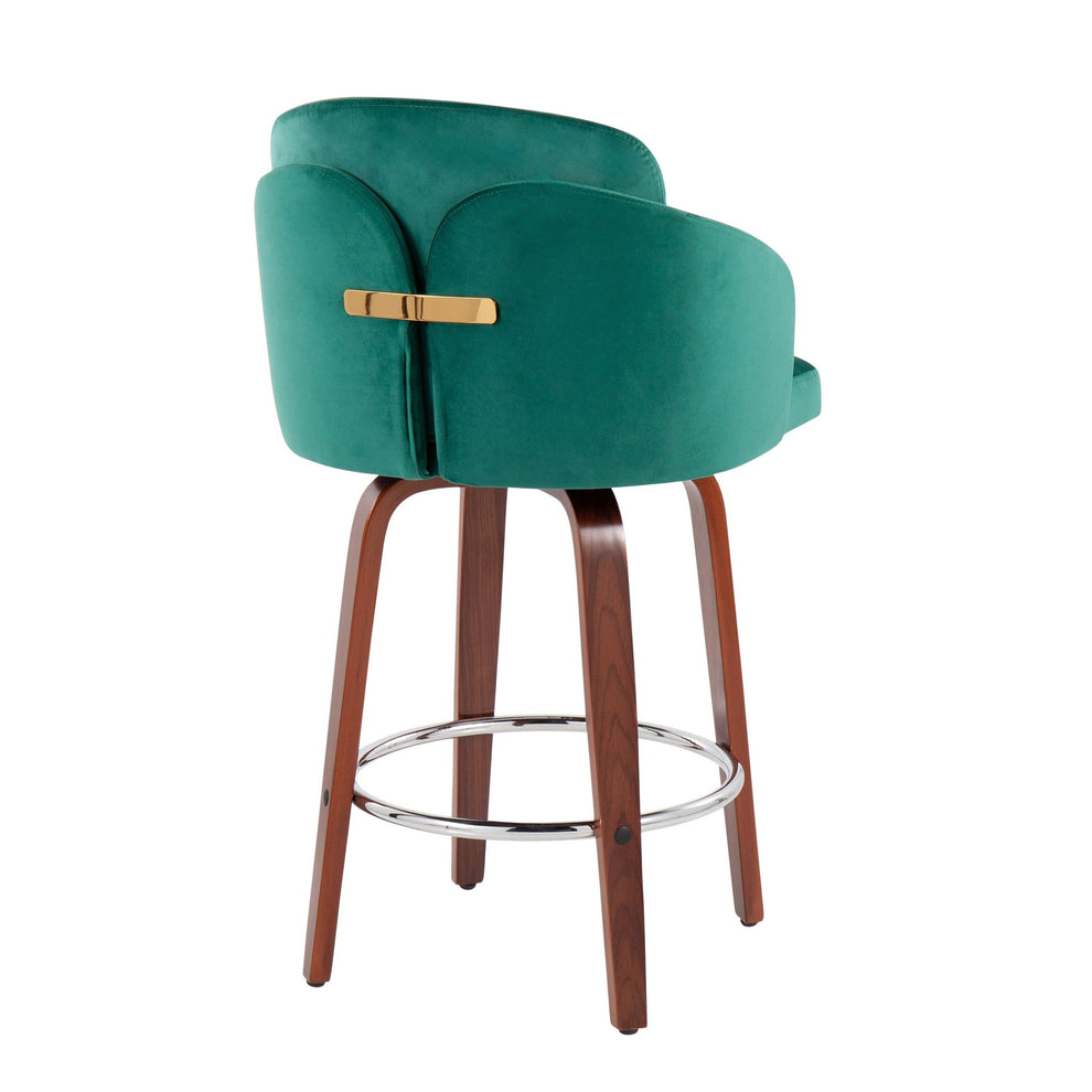 Dahlia Contemporary Counter Stool in Walnut Wood and Black Velvet with Gold Metal Accent and Round Chrome Footrest By LumiSource - Set of 2 | Counter Stools | Modishstore - 23