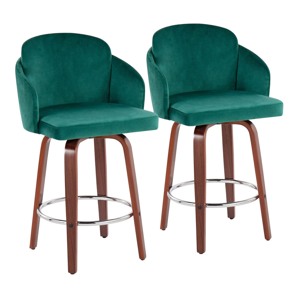 Dahlia Contemporary Counter Stool in Walnut Wood and Black Velvet with Gold Metal Accent and Round Chrome Footrest By LumiSource - Set of 2 | Counter Stools | Modishstore - 17