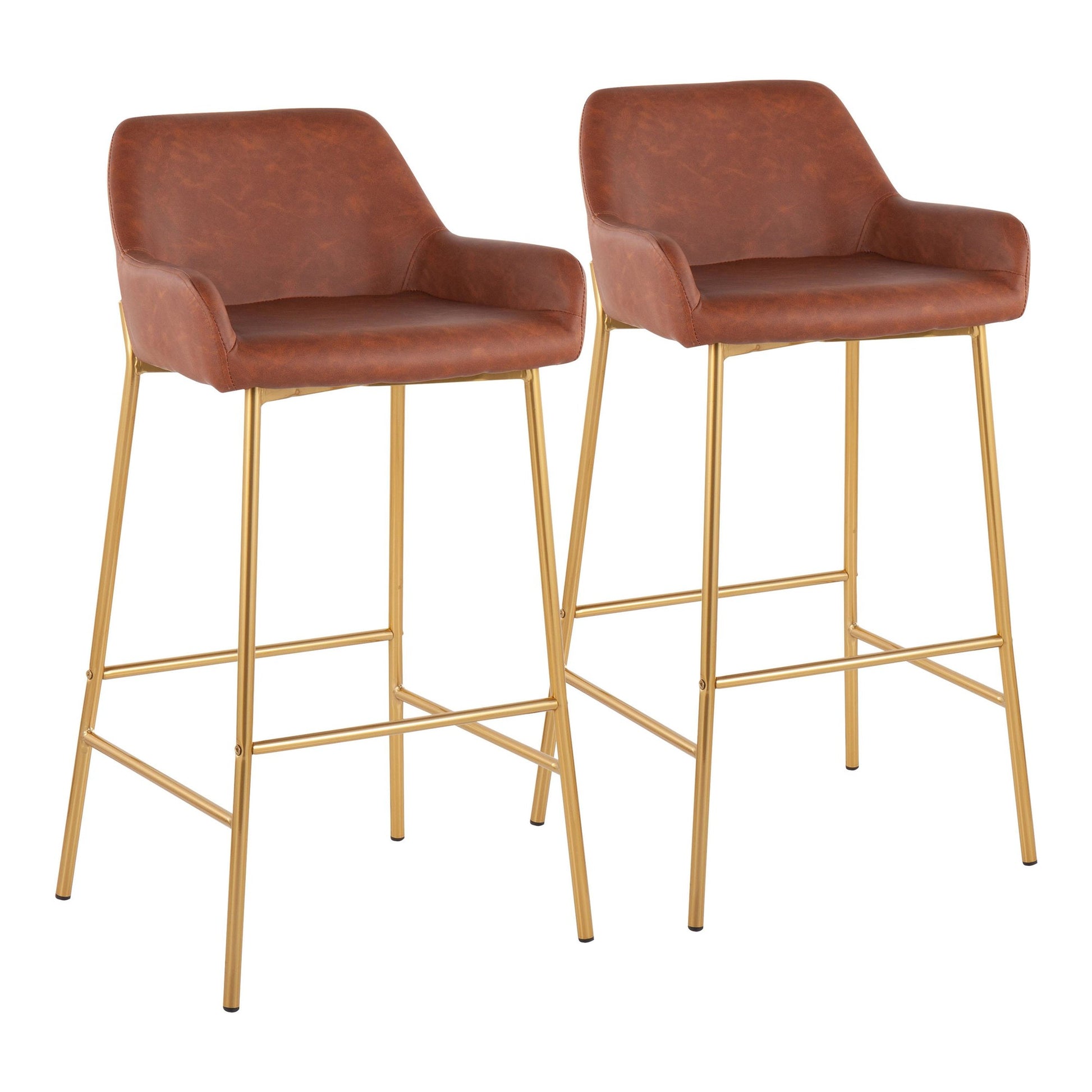 Daniella Contemporary/Glam Fixed-Height Bar Stool in Gold Metal and Camel Faux Leather By LumiSource - Set of 2 | Bar Stools | Modishstore