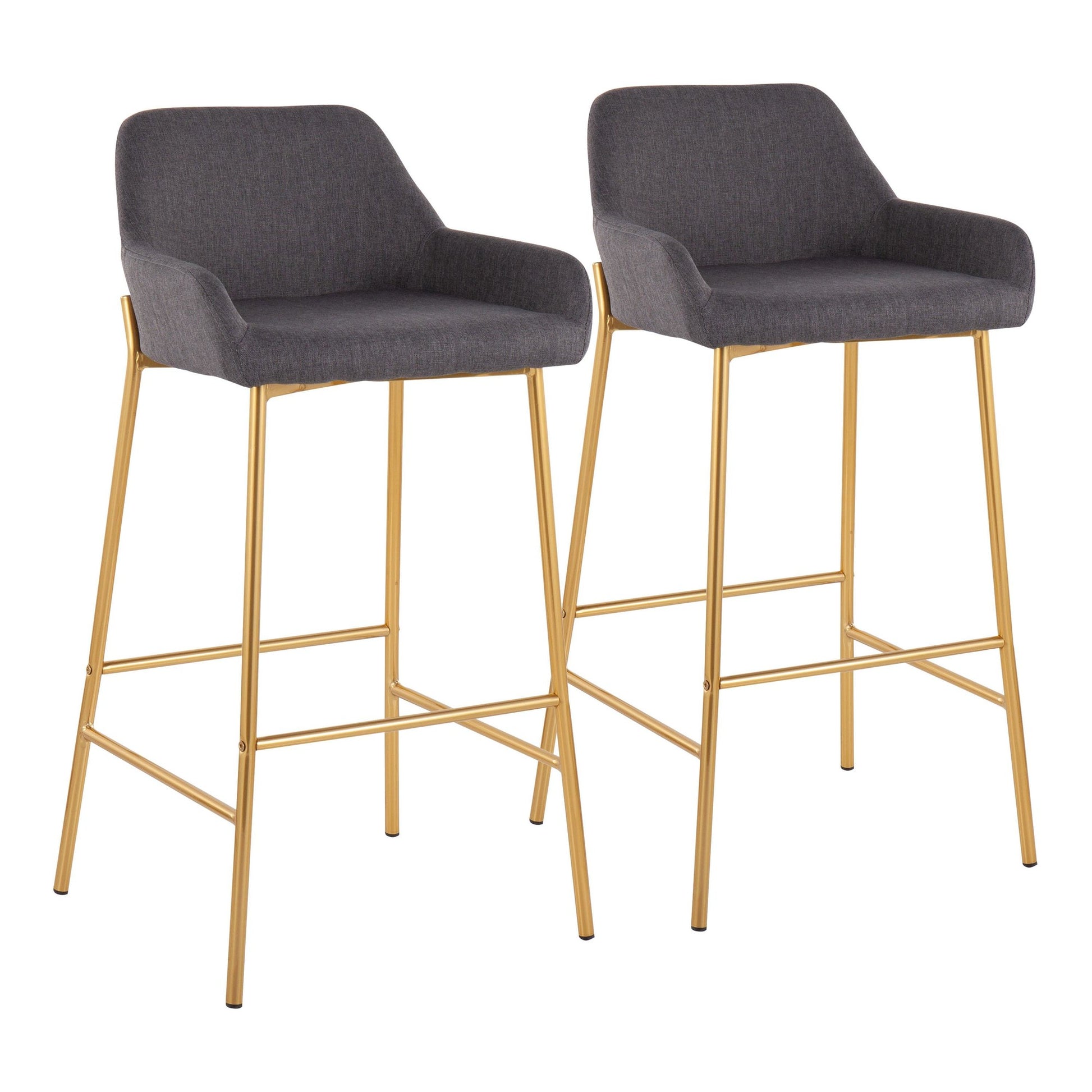 Daniella Contemporary/Glam Fixed-Height Bar Stool in Gold Metal and Charcoal Fabric By LumiSource - Set of 2 | Bar Stools | Modishstore