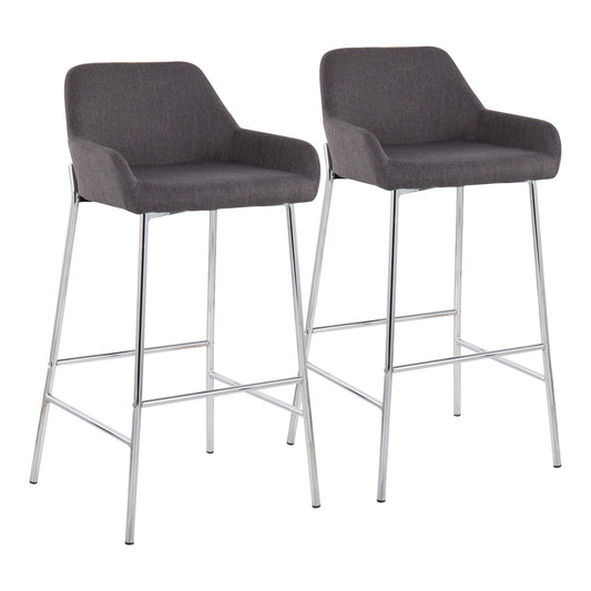 Daniella Contemporary Fixed-Height Bar Stool in Chrome Metal and Charcoal Fabric By LumiSource - Set of 2 | Bar Stools | Modishstore