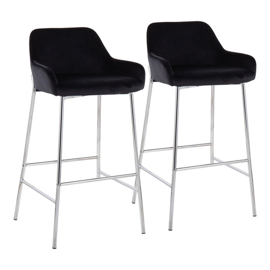 Daniella Contemporary Fixed-Height Bar Stool in Chrome Metal and Black Velvet By LumiSource - Set of 2 | Bar Stools | Modishstore