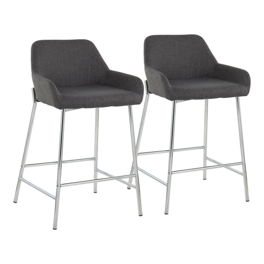 Daniella Contemporary Fixed-Height Counter Stool in Chrome Metal and Charcoal Fabric By LumiSource - Set of 2 | Counter Stools | Modishstore