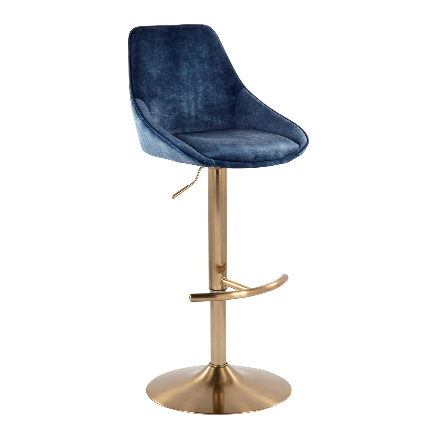 Diana Contemporary Adjustable Bar Stool in Gold Steel with Rounded T Footrest and Blue Velvet By LumiSource - Set of 2 | Bar Stools | Modishstore - 4