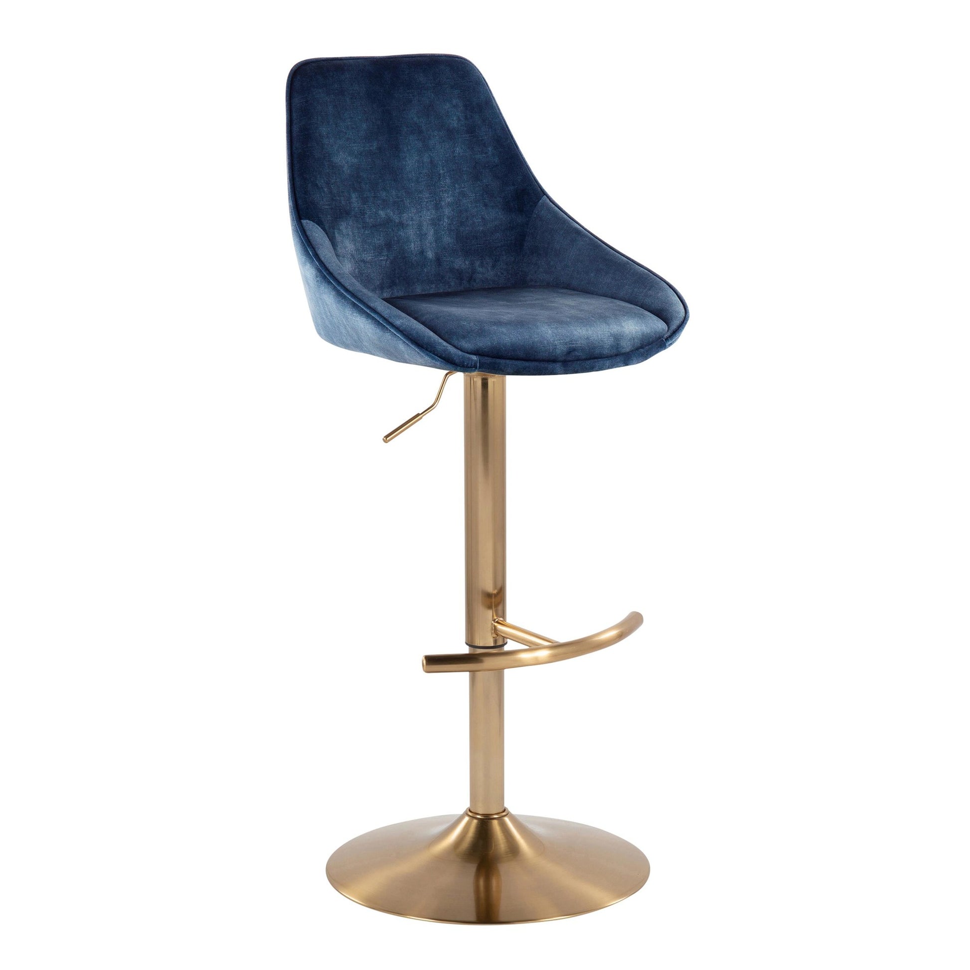 Diana Contemporary Adjustable Bar Stool in Gold Steel with Rounded T Footrest and Blue Velvet By LumiSource - Set of 2 | Bar Stools | Modishstore - 4