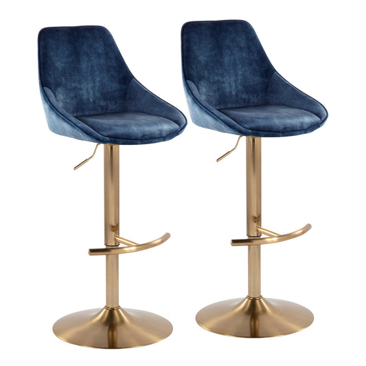 Diana Contemporary Adjustable Bar Stool in Gold Steel with Rounded T Footrest and Blue Velvet By LumiSource - Set of 2 | Bar Stools | Modishstore
