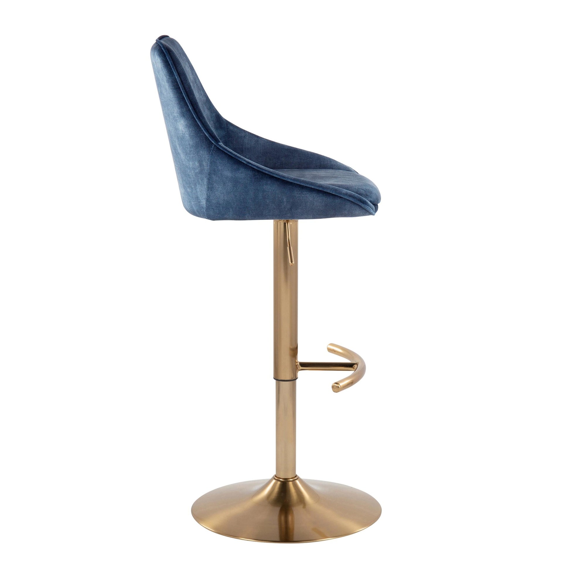 Diana Contemporary Adjustable Bar Stool in Gold Steel with Rounded T Footrest and Blue Velvet By LumiSource - Set of 2 | Bar Stools | Modishstore - 5