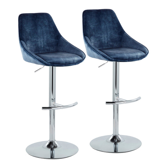 Diana Contemporary Adjustable Bar Stool in Chrome with Rounded T Footrest and Blue Velvet By LumiSource - Set of 2 | Bar Stools | Modishstore