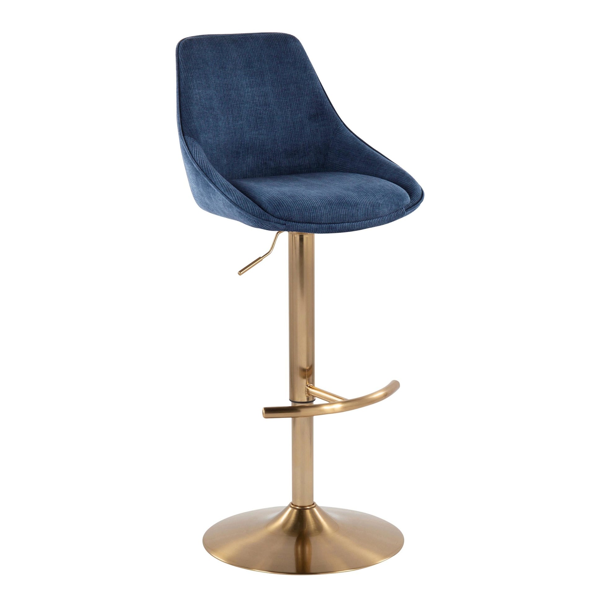 Diana Contemporary Adjustable Bar Stool in Gold Steel with Rounded T Footrest and Blue Corduroy By LumiSource - Set of 2 | Bar Stools | Modishstore - 4