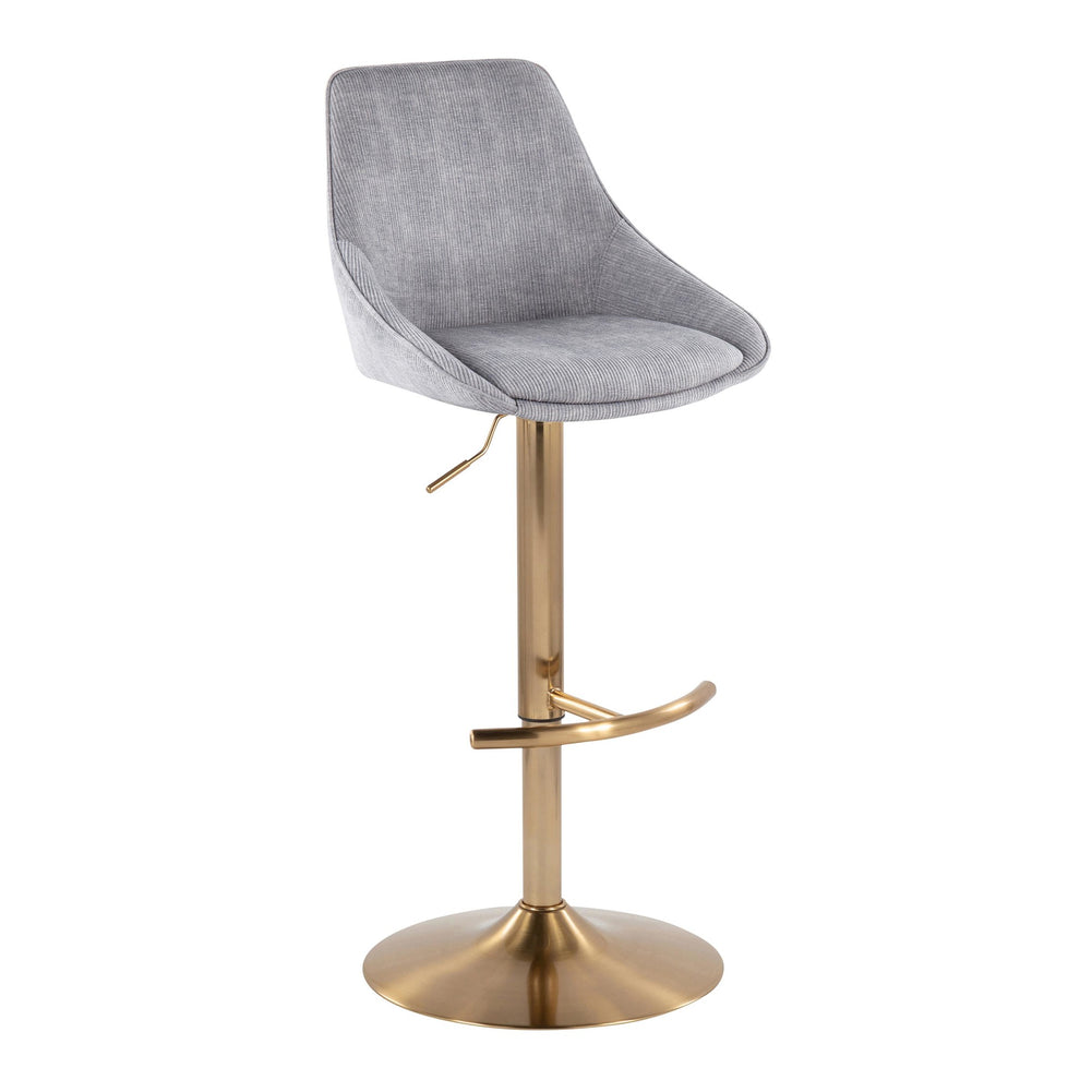 Diana Contemporary Adjustable Bar Stool in Gold Steel with Rounded T Footrest and Blue Corduroy By LumiSource - Set of 2 | Bar Stools | Modishstore - 11