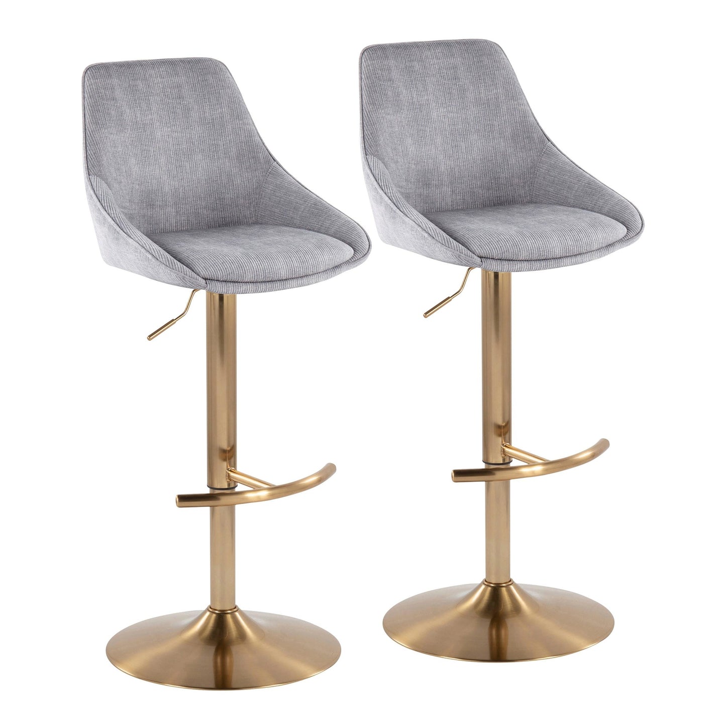Diana Contemporary Adjustable Bar Stool in Gold Steel with Rounded T Footrest and Blue Corduroy By LumiSource - Set of 2 | Bar Stools | Modishstore - 8