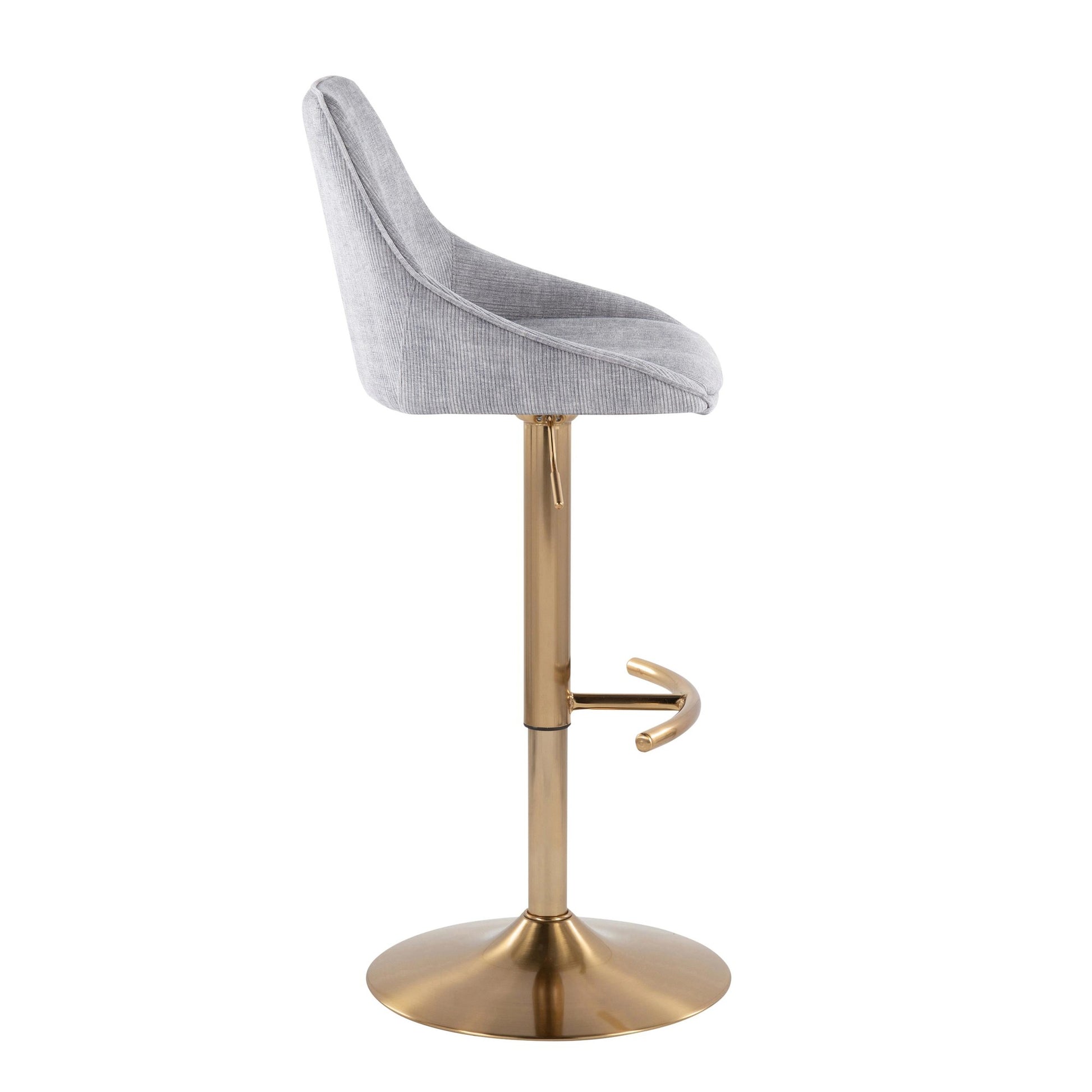 Diana Contemporary Adjustable Bar Stool in Gold Steel with Rounded T Footrest and Blue Corduroy By LumiSource - Set of 2 | Bar Stools | Modishstore - 12