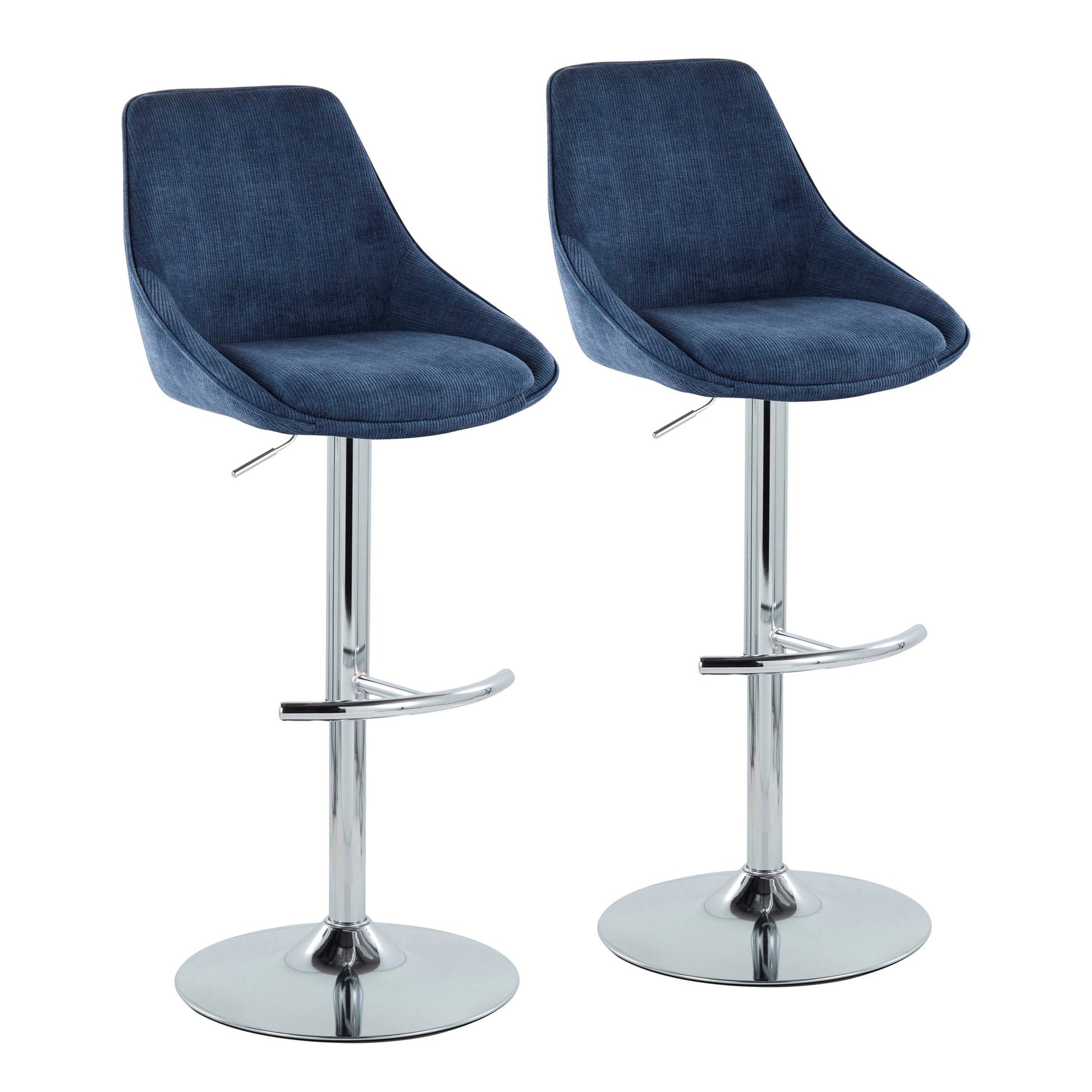 Diana Contemporary Adjustable Bar Stool in Chrome with Rounded T Footrest and Blue Corduroy By LumiSource - Set of 2 | Bar Stools | Modishstore