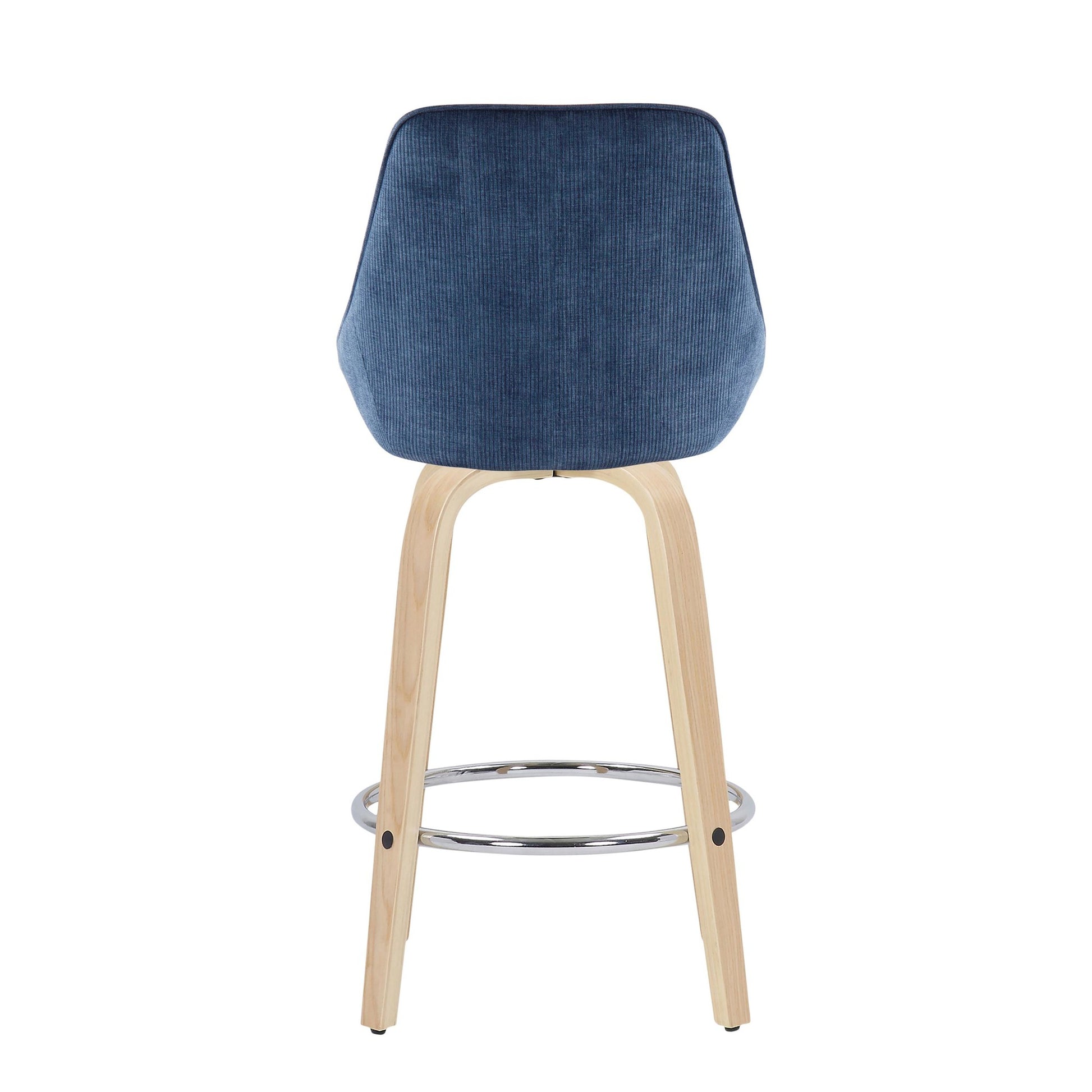 Diana Contemporary Fixed-Height Counter Stool with Natural Wood Legs and Round Chrome Footrest with Blue Corduroy Fabric By LumiSource - Set of 2 | Counter Stools | Modishstore - 7