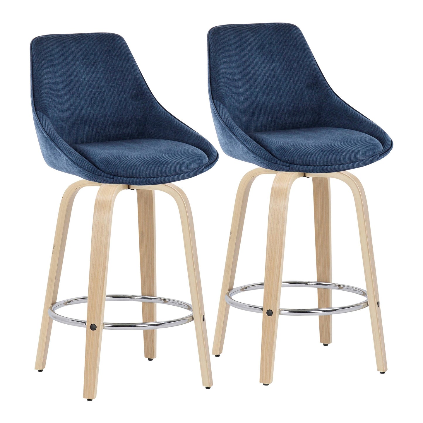 Diana Contemporary Fixed-Height Counter Stool with Natural Wood Legs and Round Chrome Footrest with Blue Corduroy Fabric By LumiSource - Set of 2 | Counter Stools | Modishstore