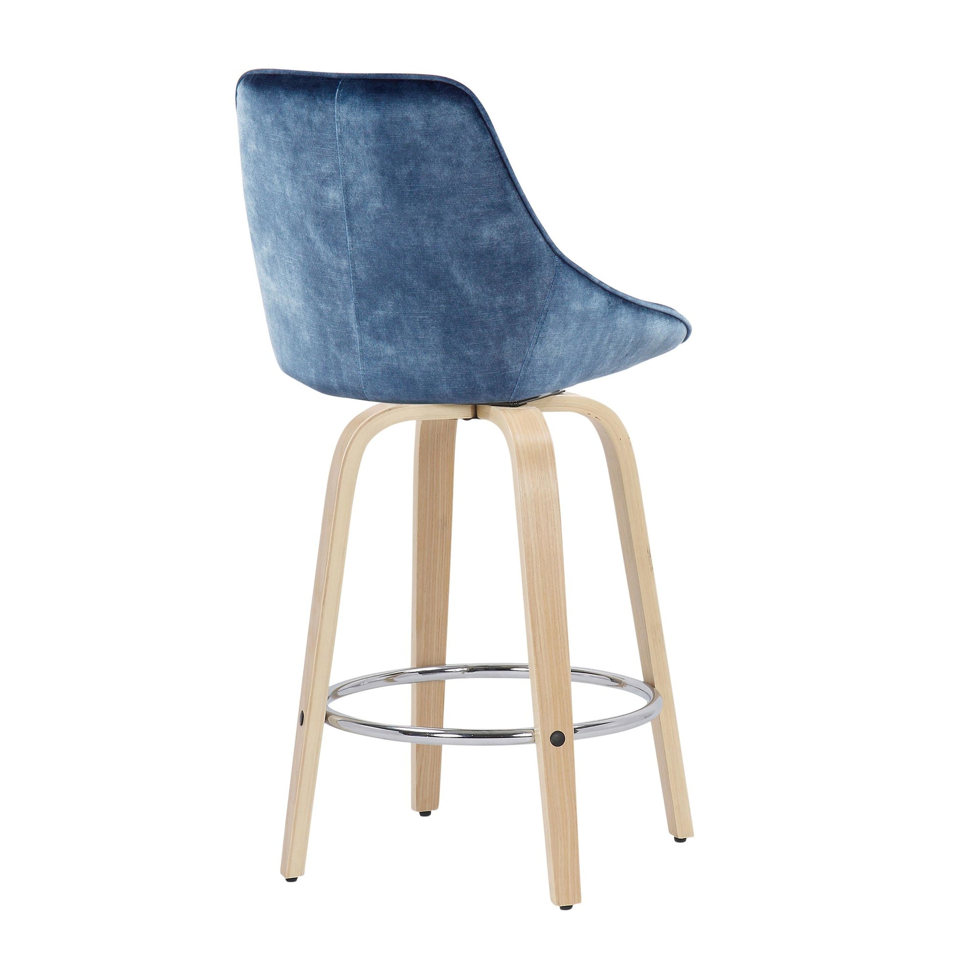 Diana Contemporary Fixed-Height Counter Stool with Natural Wood Legs and Round Chrome Footrest with Blue Velvet Fabric By LumiSource - Set of 2 | Counter Stools | Modishstore - 6