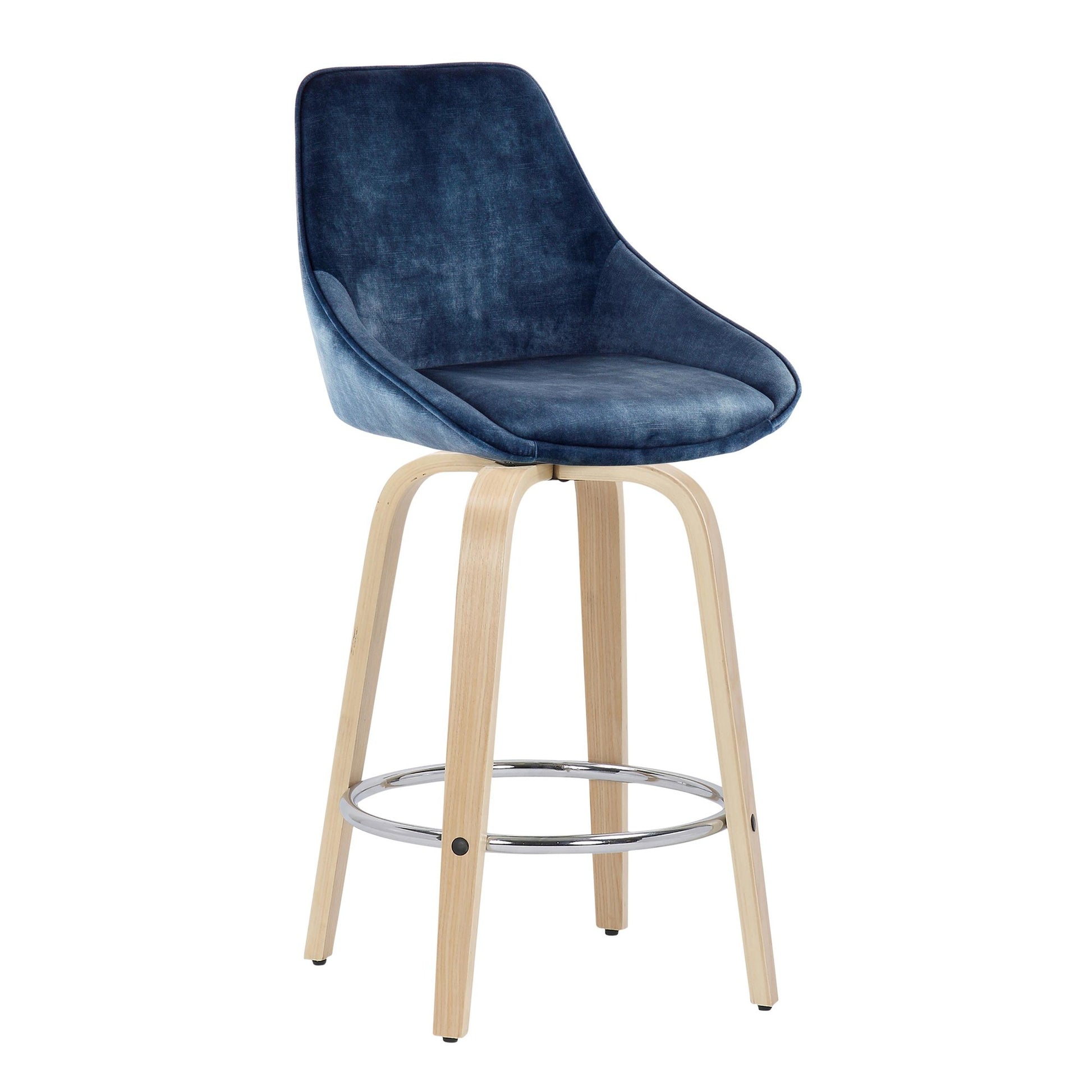 Diana Contemporary Fixed-Height Counter Stool with Natural Wood Legs and Round Chrome Footrest with Blue Velvet Fabric By LumiSource - Set of 2 | Counter Stools | Modishstore - 4