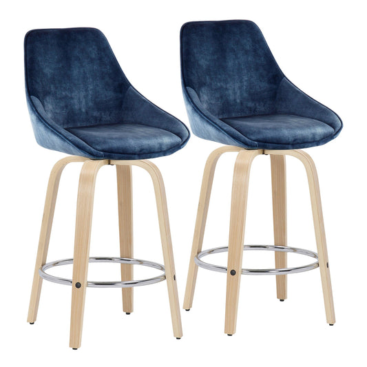 Diana Contemporary Fixed-Height Counter Stool with Natural Wood Legs and Round Chrome Footrest with Blue Velvet Fabric By LumiSource - Set of 2 | Counter Stools | Modishstore