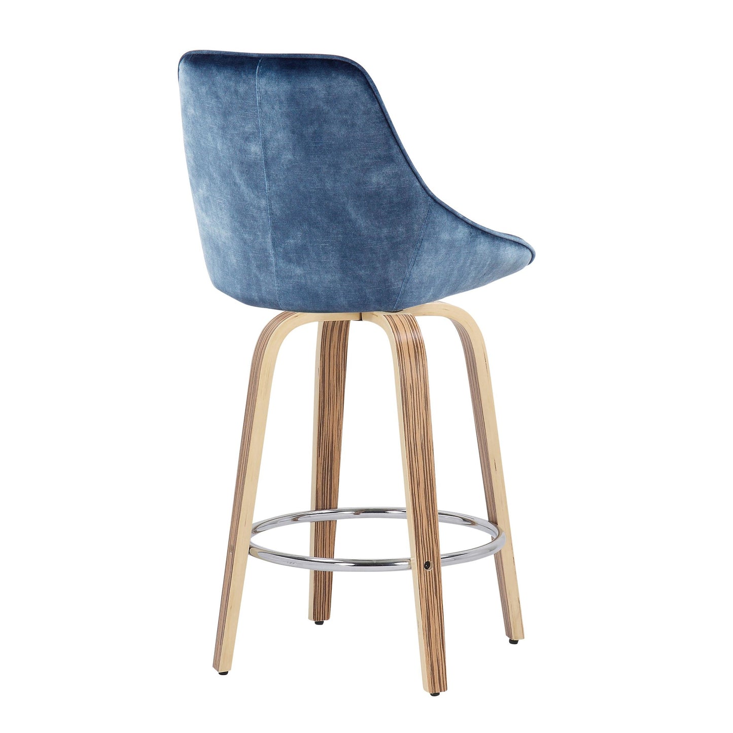 Diana Contemporary Fixed-Height Counter Stool with Zebra Wood Legs and Round Chrome Footrest with Blue Velvet Fabric By LumiSource - Set of 2 | Counter Stools | Modishstore - 6