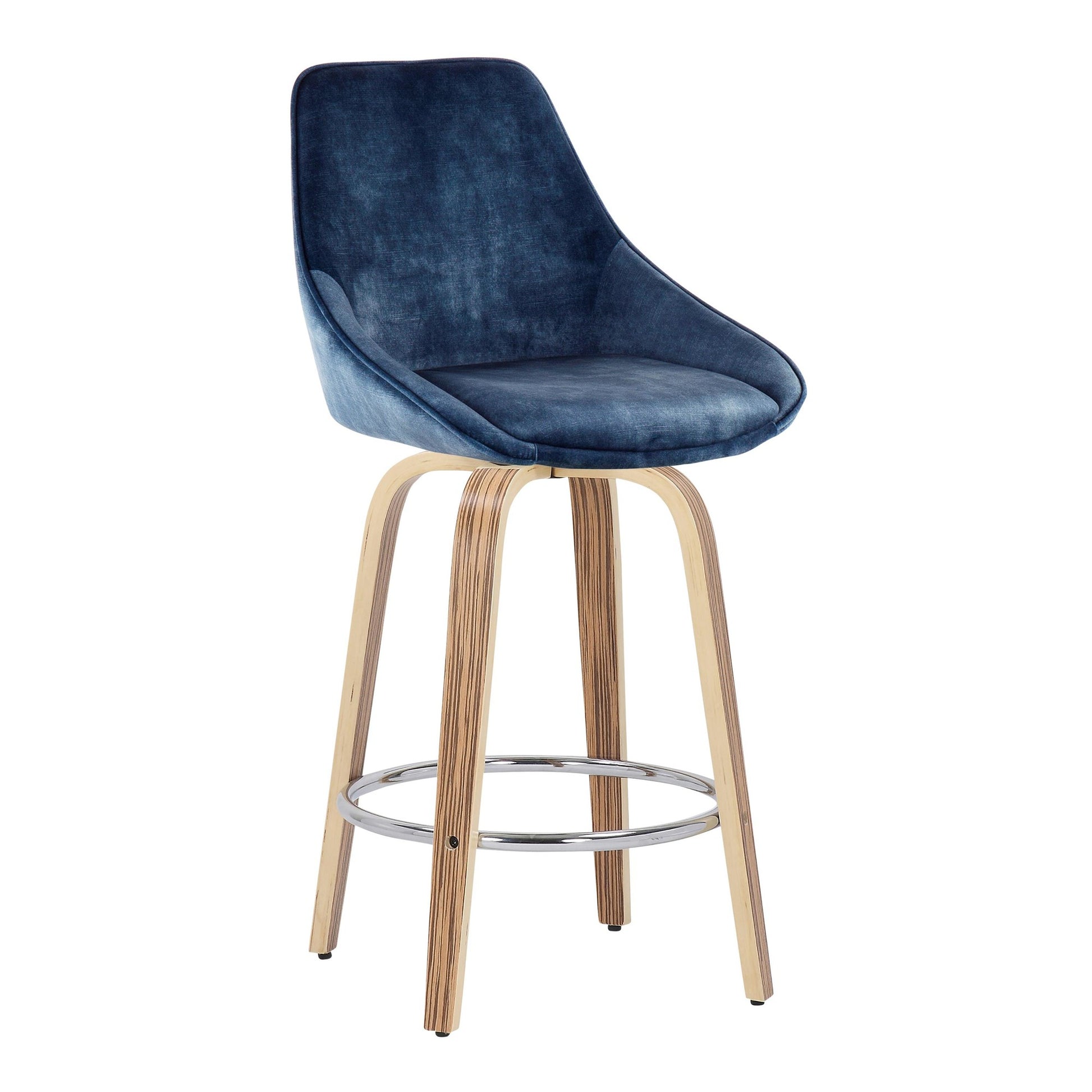 Diana Contemporary Fixed-Height Counter Stool with Zebra Wood Legs and Round Chrome Footrest with Blue Velvet Fabric By LumiSource - Set of 2 | Counter Stools | Modishstore - 4