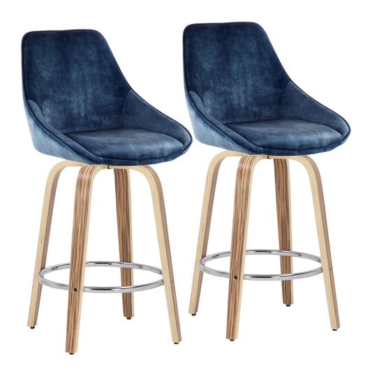Diana Contemporary Fixed-Height Counter Stool with Zebra Wood Legs and Round Chrome Footrest with Blue Velvet Fabric By LumiSource - Set of 2 | Counter Stools | Modishstore