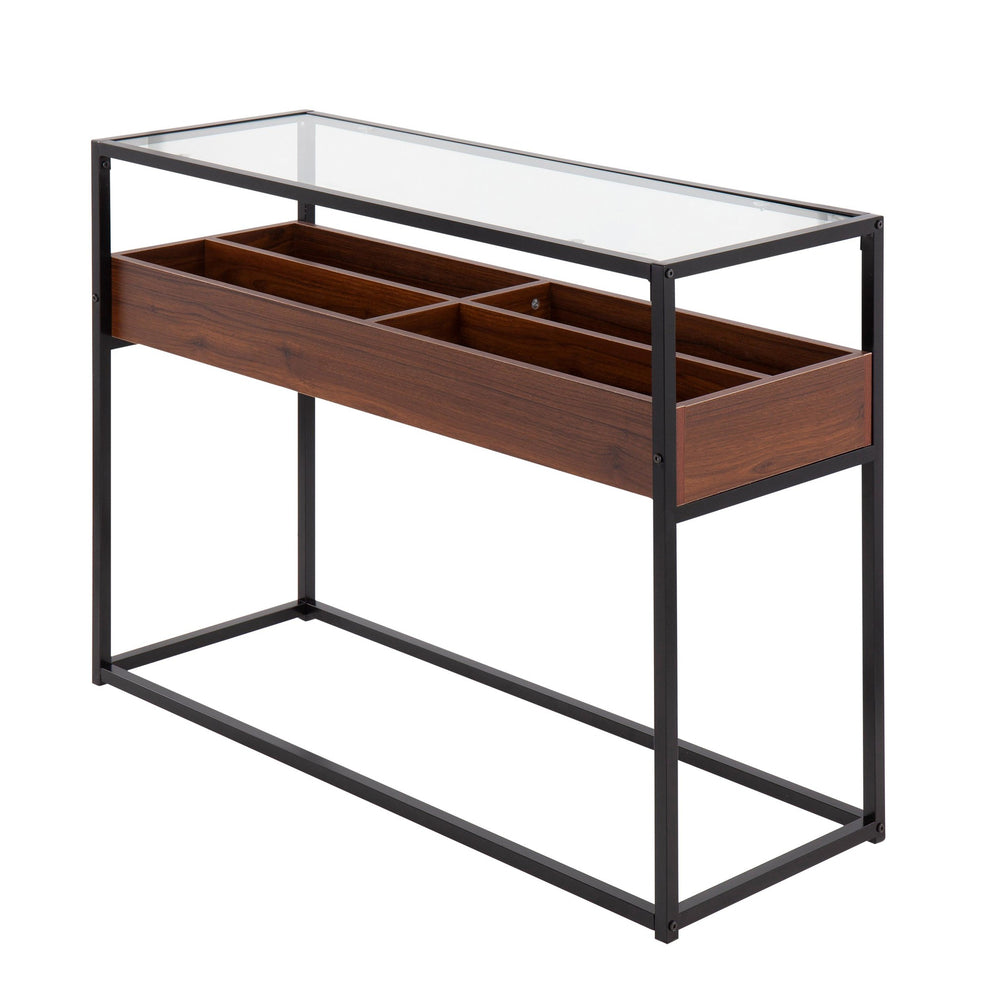 Display Contemporary Console Table in Black Metal, Walnut Wood, and Clear Glass By LumiSource | Console Tables | Modishstore - 4