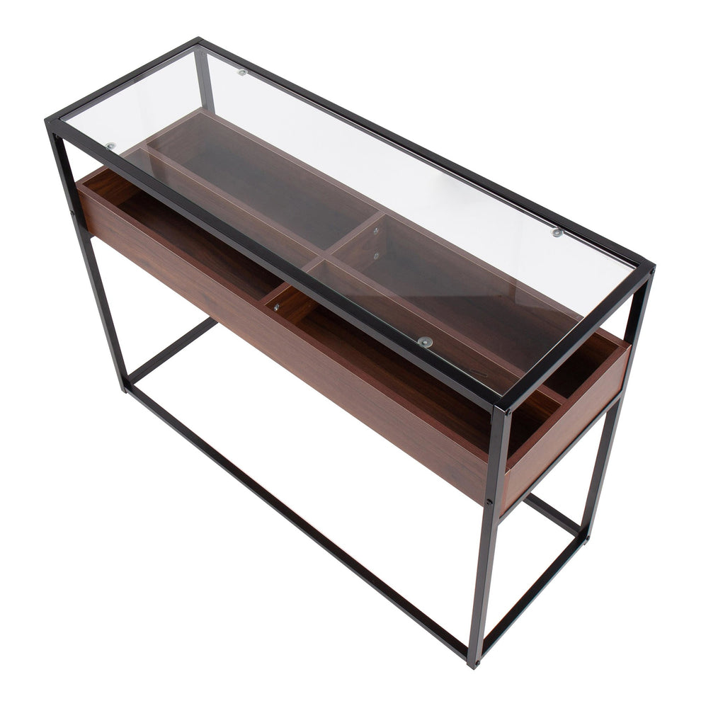 Display Contemporary Console Table in Black Metal, Walnut Wood, and Clear Glass By LumiSource | Console Tables | Modishstore - 6