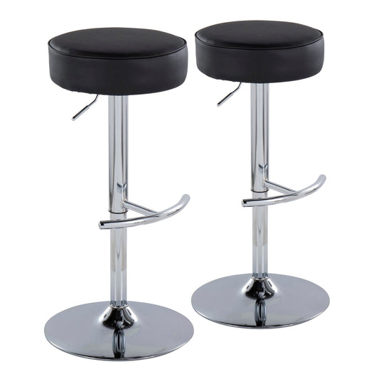 Dot Contemporary Adjustable Barstool with Swivel in Chrome Metal and Black Faux Leather By LumiSource - Set of 2 | Bar Stools | Modishstore