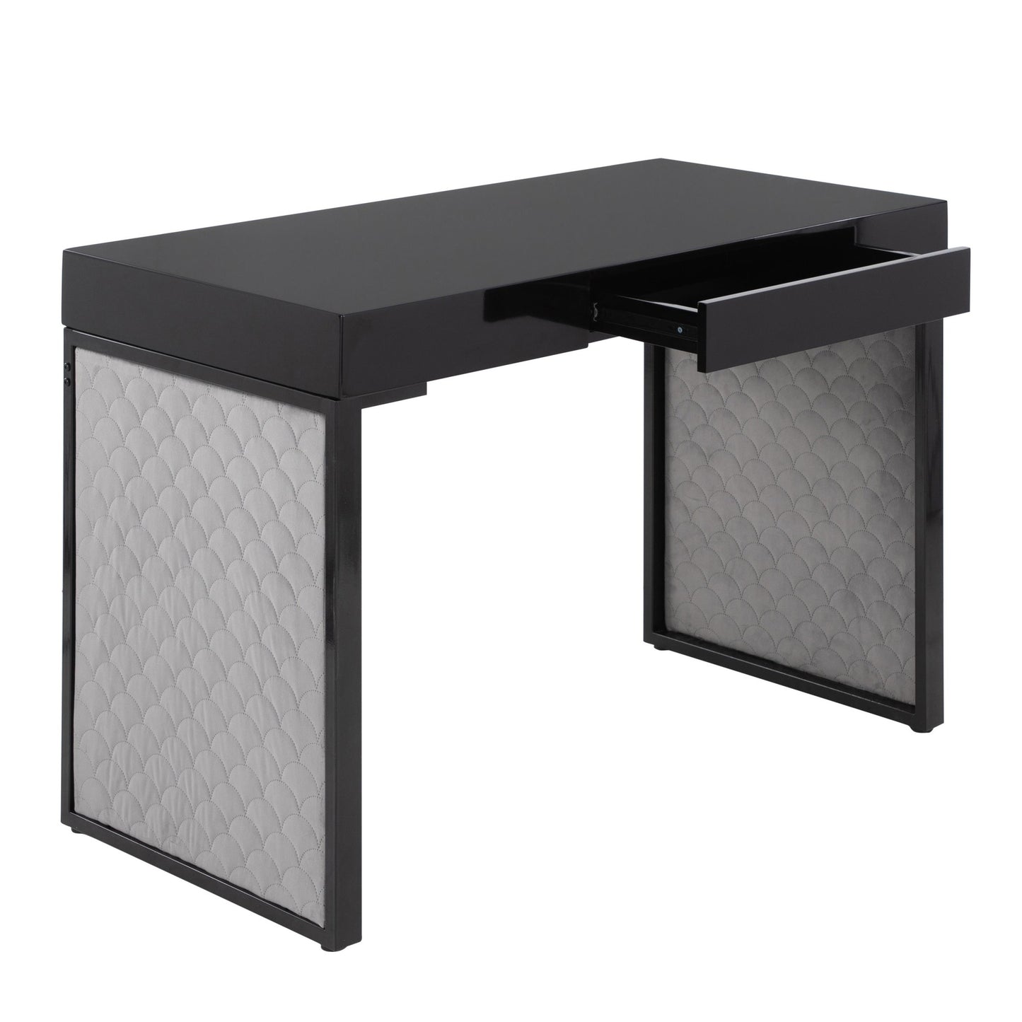 Drift Contemporary Upholstered Desk in Black Steel, Black Wood and Silver Velvet By LumiSource | Desks | Modishstore - 3