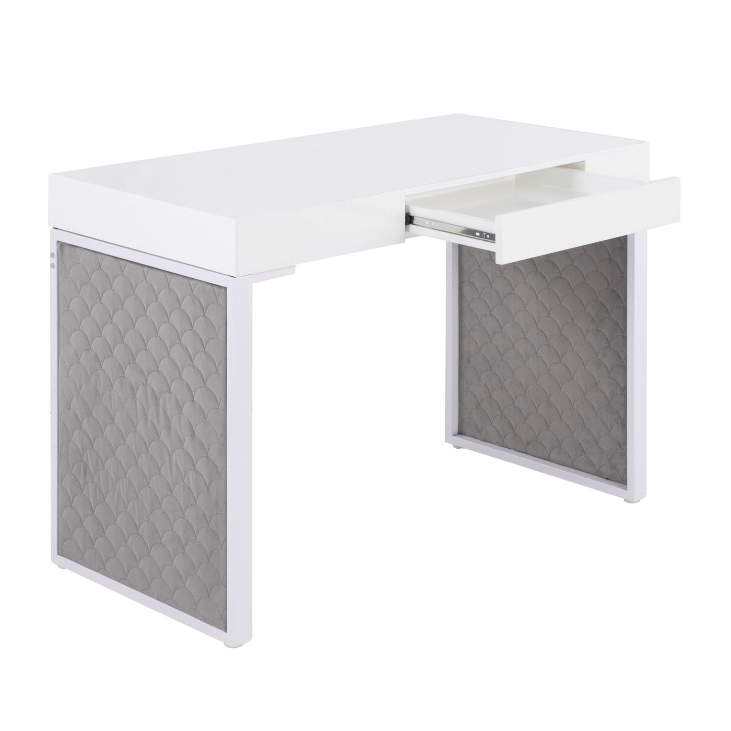 Drift Contemporary Upholstered Desk in Black Steel, Black Wood and Silver Velvet By LumiSource | Desks | Modishstore - 11