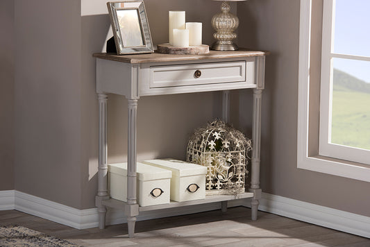 Baxton Studio Edouard French Provincial Style White Wash Distressed Wood and Grey Two-tone 1-drawer Console Table | Console Tables | Modishstore