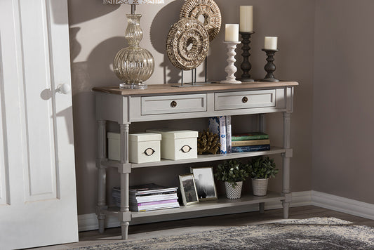 Baxton Studio Edouard French Provincial Style White Wash Distressed Wood and Grey Two-tone 2-drawer Console Table | Console Tables | Modishstore