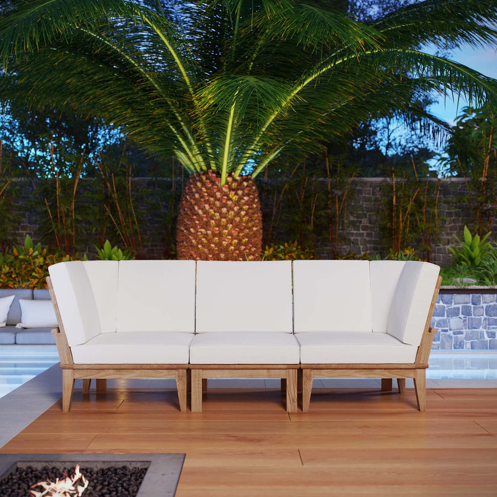 Modway EEI-1820 Marina 3 Piece Outdoor Patio Teak Sofa Set - Natural White - EEI-1820 | Outdoor Sofas, Loveseats & Sectionals | Modishstore - 1
