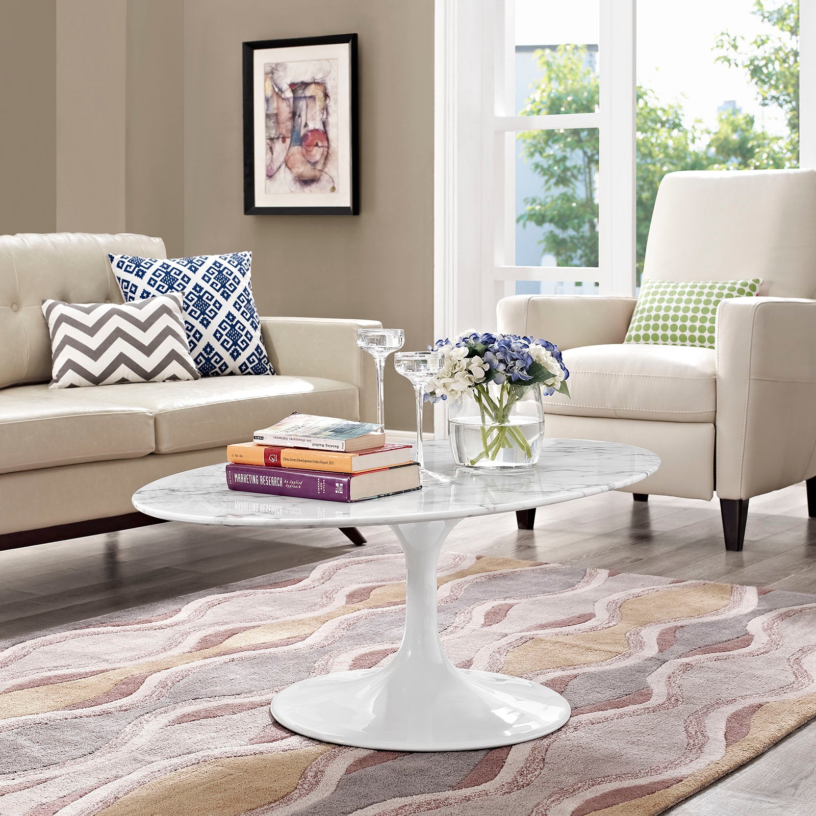 Modway Lippa 48" Oval-Shaped Artificial Marble Coffee Table in White | Coffee Tables | Modishstore