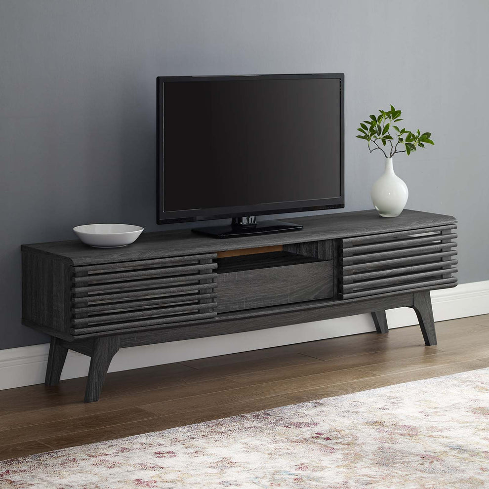 Modway Render 59 TV Stand - EEI-2541 Charcoal color with tempered clear glass  Two Adjustable Storage Shelves  Mid-Century Style 59” TV Stand | TV Stands | Modishstore - 1