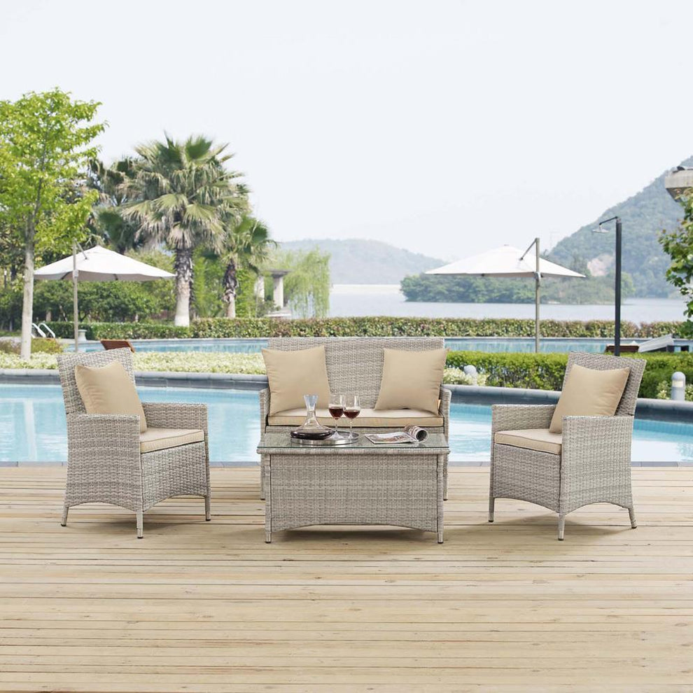 Modway Bridge 4 Piece Outdoor Patio Rattan Conversation Set with Pillows - EEI-2763 | Outdoor Sofas, Loveseats & Sectionals | Modishstore - 1