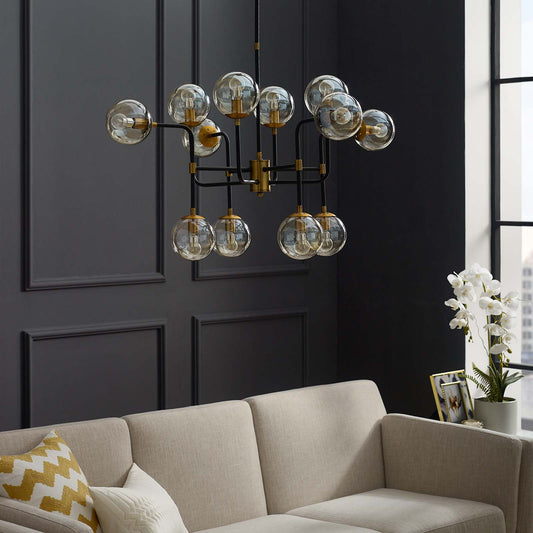 Ambition Amber Glass And Antique Brass 12 Light Pendant Chandelier By Modway - EEI-2884 | Ceiling Lamps | Modishstore
